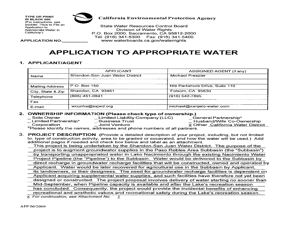 Application to Appropriate Water in Division of Water Rights California") P.O