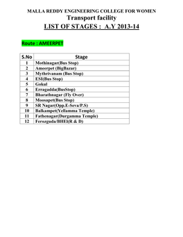 Transport Facility LIST of STAGES : A.Y 2013-14