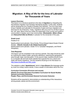 Migration: a Way of Life for the Innu Newfoundland - Secondary