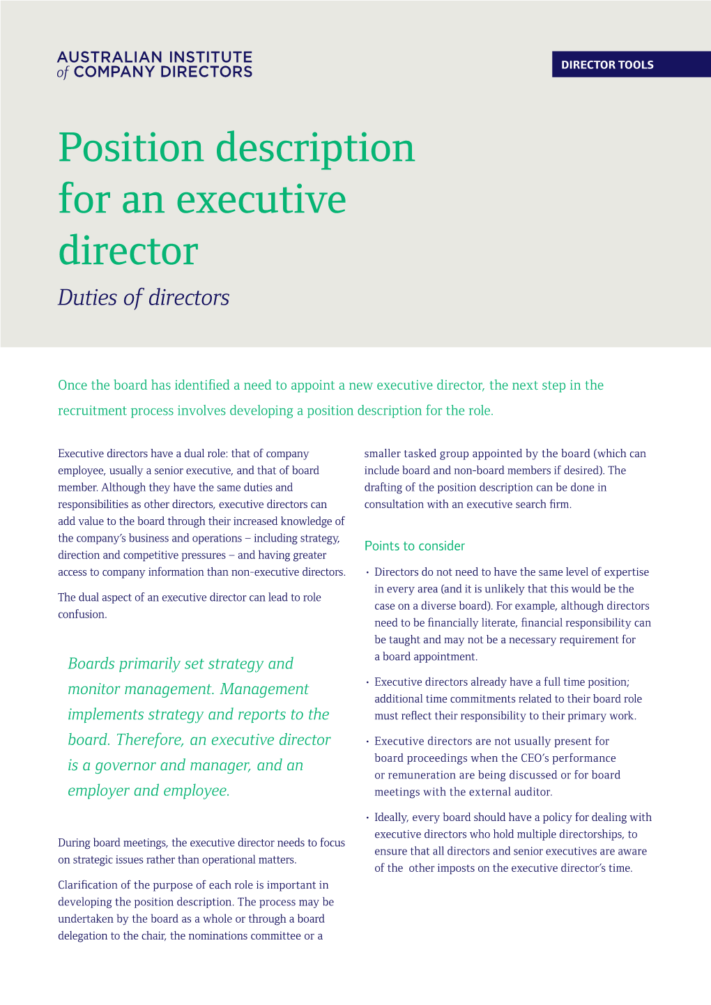 Position Description for an Executive Director Duties of Directors