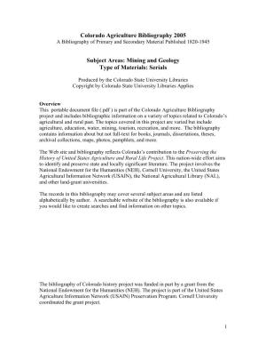 Colorado Agriculture Bibliography 2005 Subject Areas: Mining And