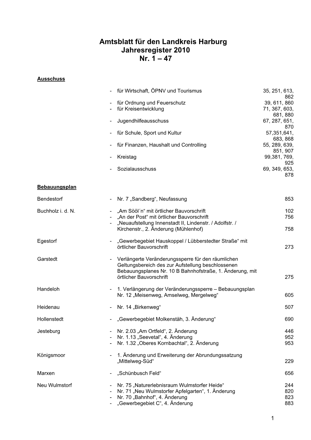 Amtsblatt Für Den Landkreis Harburg Jahresregister 2010 Nr