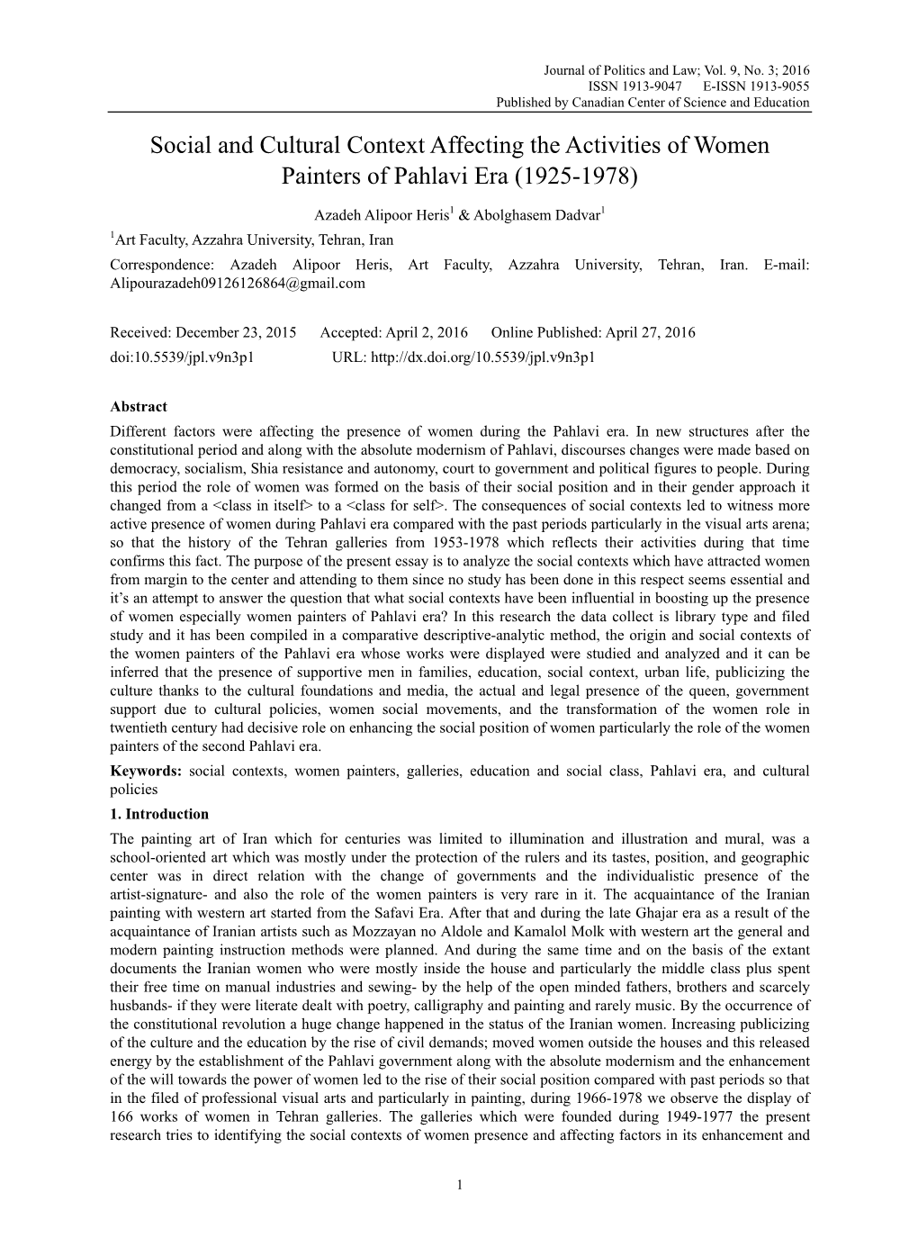 Social and Cultural Context Affecting the Activities of Women Painters of Pahlavi Era (1925-1978)