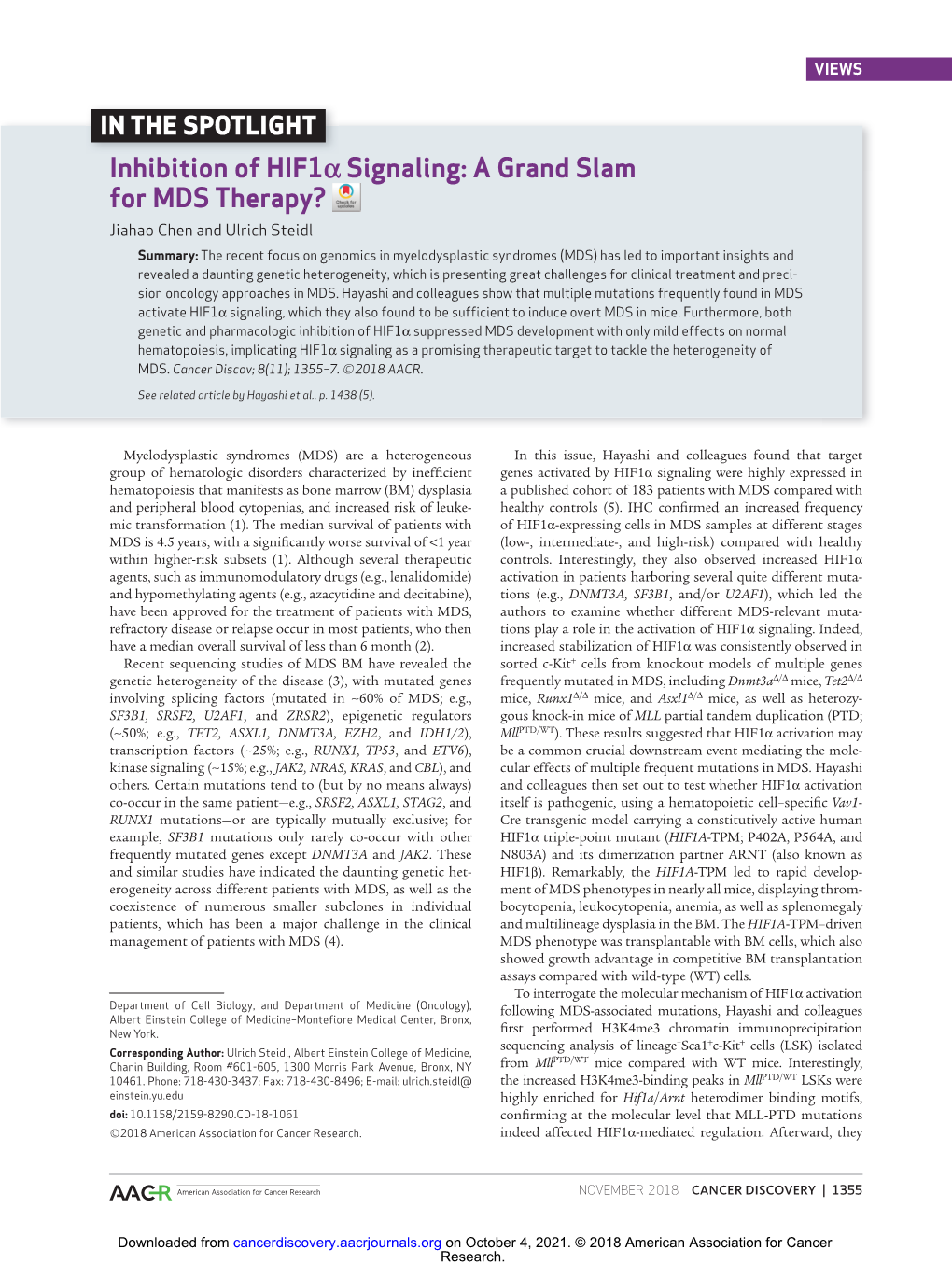 Inhibition of HIF1` Signaling: a Grand Slam for MDS Therapy?