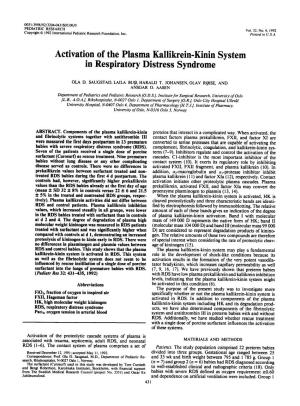 Activation of the Plasma Kallikrein-Kinin System in Respiratory Distress Syndrome