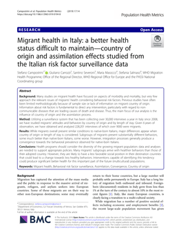 Migrant Health in Italy: a Better Health Status Difficult to Maintain—Country