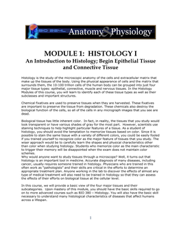 MODULE 1: HISTOLOGY I an Introduction to Histology; Begin Epithelial Tissue and Connective Tissue