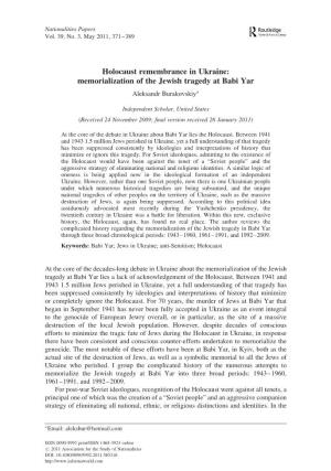 Memorialization of the Jewish Tragedy at Babi Yar Aleksandr Burakovskiy∗
