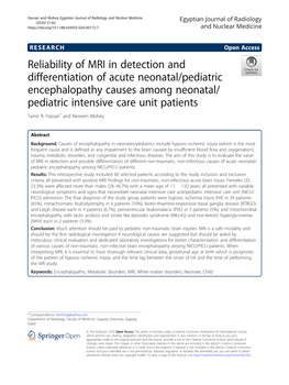 Reliability of MRI in Detection and Differentiation of Acute Neonatal/Pediatric Encephalopathy Causes Among Neonatal/ Pediatric Intensive Care Unit Patients Tamir A