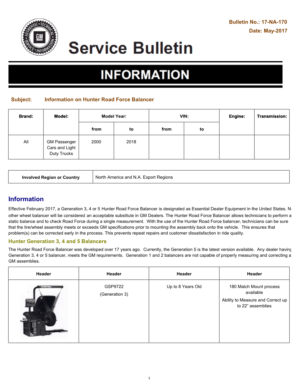 May-2017 Subject: Information on Hunter Road Force Balancer