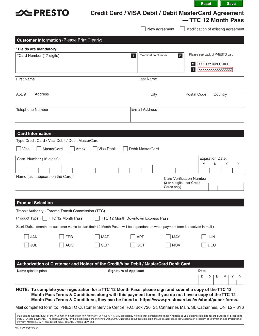 Credit Card / VISA Debit / Debit Mastercard Agreement — TTC 12 Month Pass