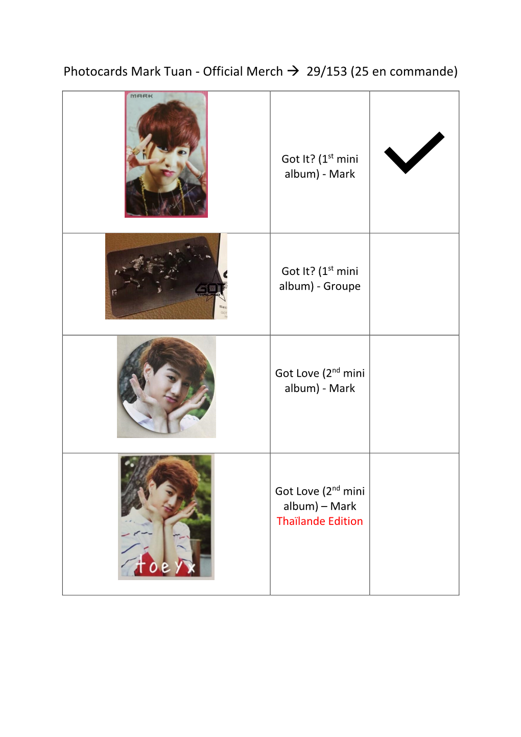 Photocards Mark Tuan - Official Merch  29/153 (25 En Commande)