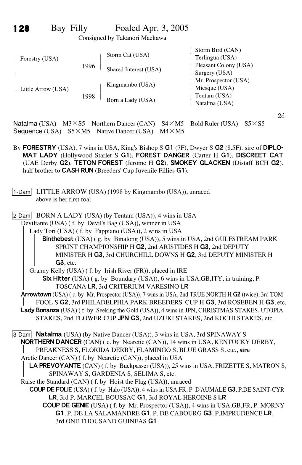 128 Bay Filly Foaled Apr. 3, 2005 Consigned by Takanori Maekawa Storm Bird (CAN)