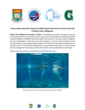 A New Study Reveals the Impacts of Whale Shark Mass Tourism on the Coral Reefs in Oslob, Cebu, Philippines