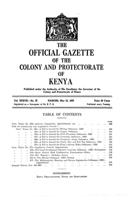 OFFICIAL GAZETTE of the COLONY and PROTECTORATE KENYA Published Under the Authority of His Excellency the Governor of the Colony and Protectorate of Kenya