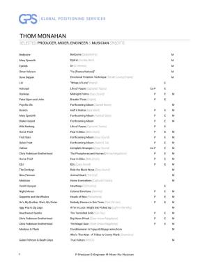 Thom Monahan Selected Producer, Mixer, Engineer & Musician Credits