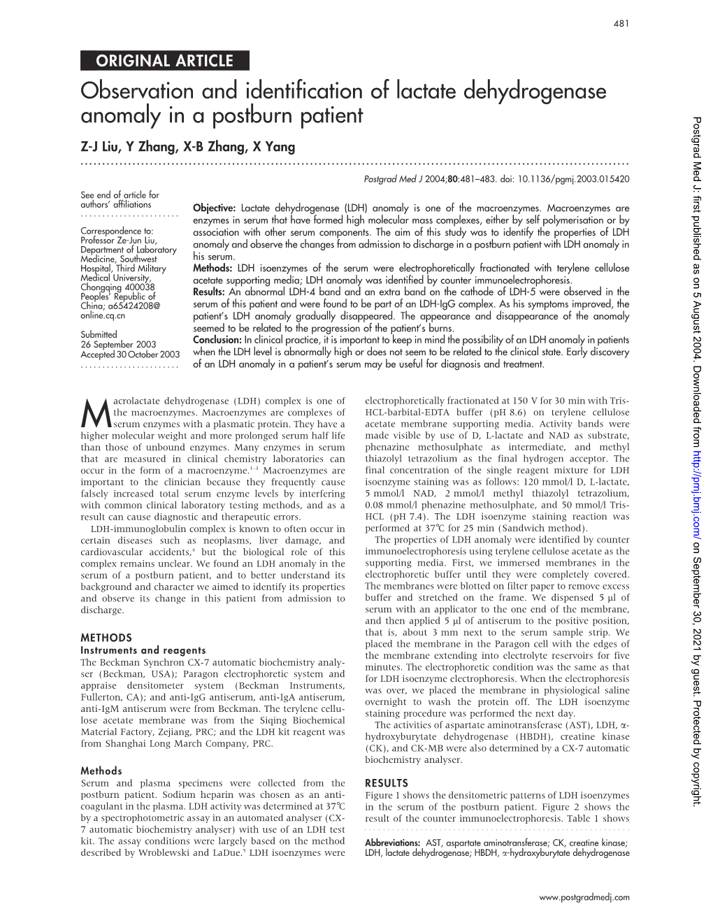 Observation and Identification of Lactate Dehydrogenase Anomaly in a Postburn Patient Postgrad Med J: First Published As on 5 August 2004