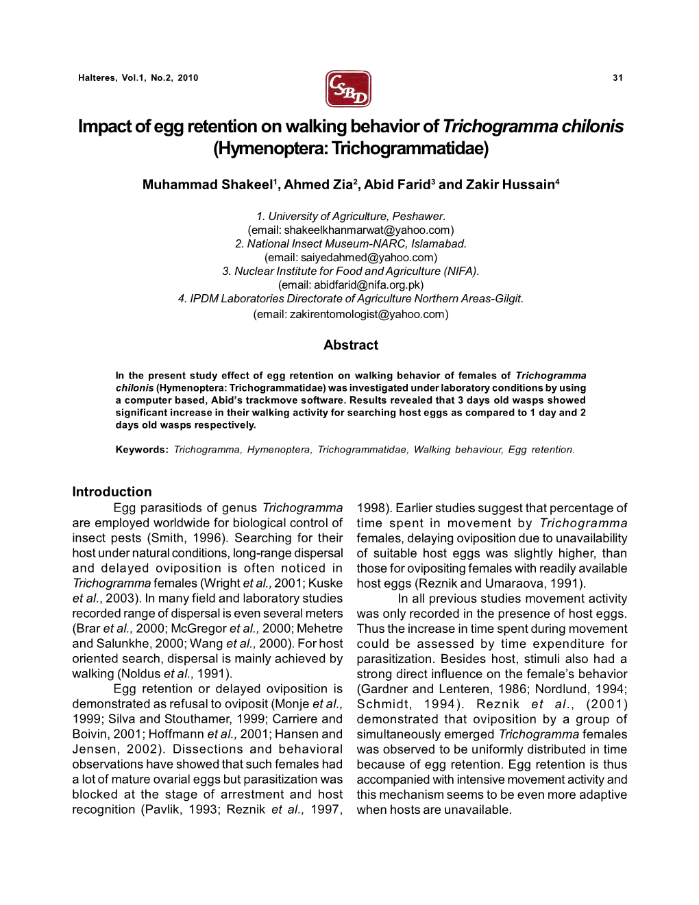 Impact of Egg Retention on Walking Behavior of Trichogramma Chilonis (Hymenoptera: Trichogrammatidae)