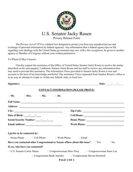 U.S. Senator Jacky Rosen Privacy Release Form