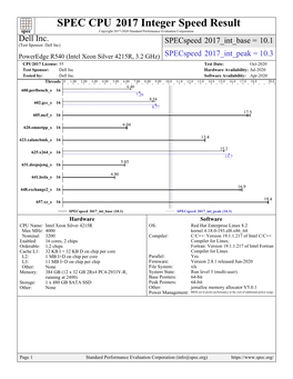 Dell Inc.: Poweredge R540 (Intel Xeon Silver 4215R, 3.2 Ghz) (Test Sponsored by Dell Inc; Tested by Dell Inc.)
