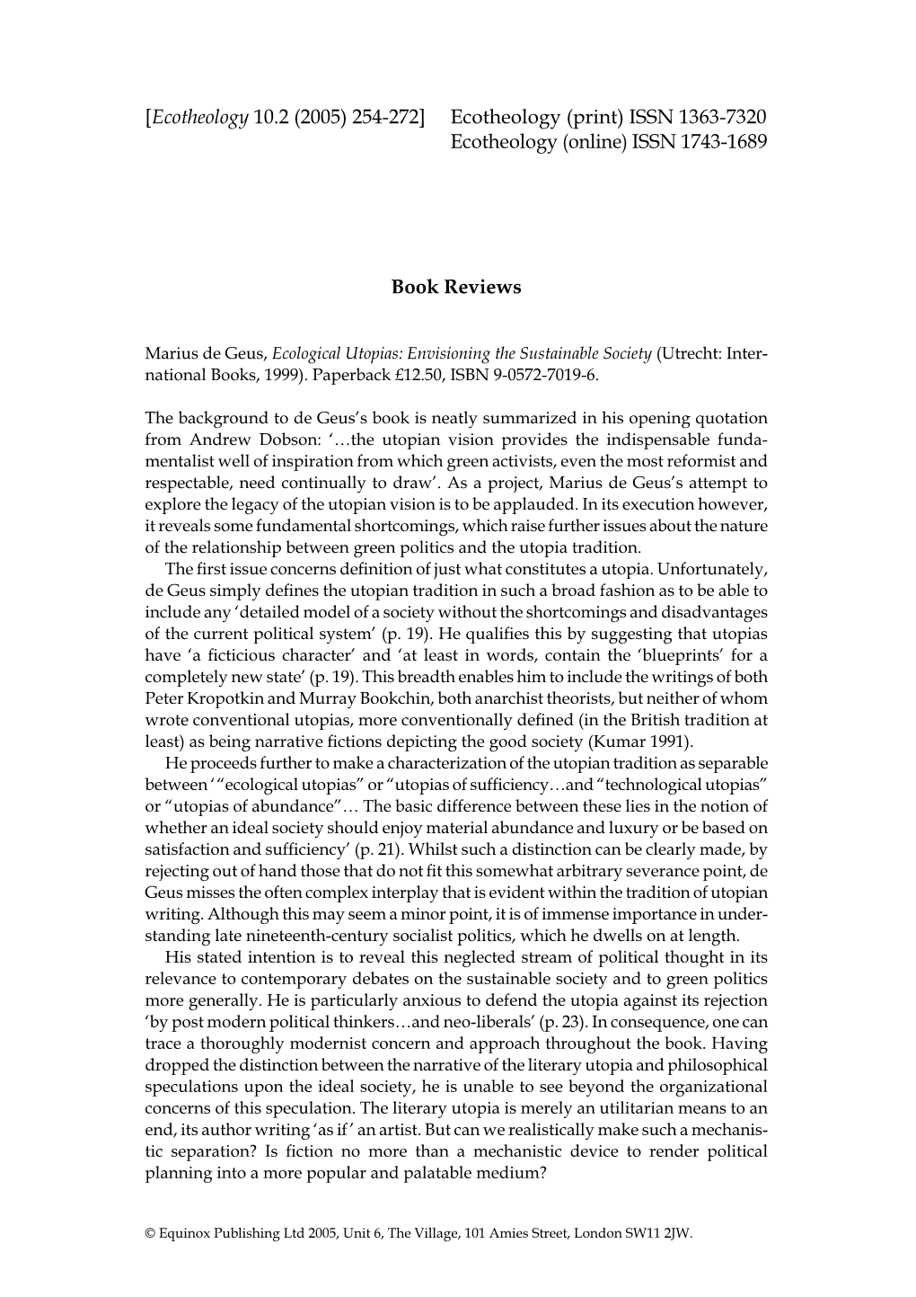 Ecotheology 10.2 (2005) 254-272] Ecotheology (Print) ISSN 1363-7320 Ecotheology (Online) ISSN 1743-1689