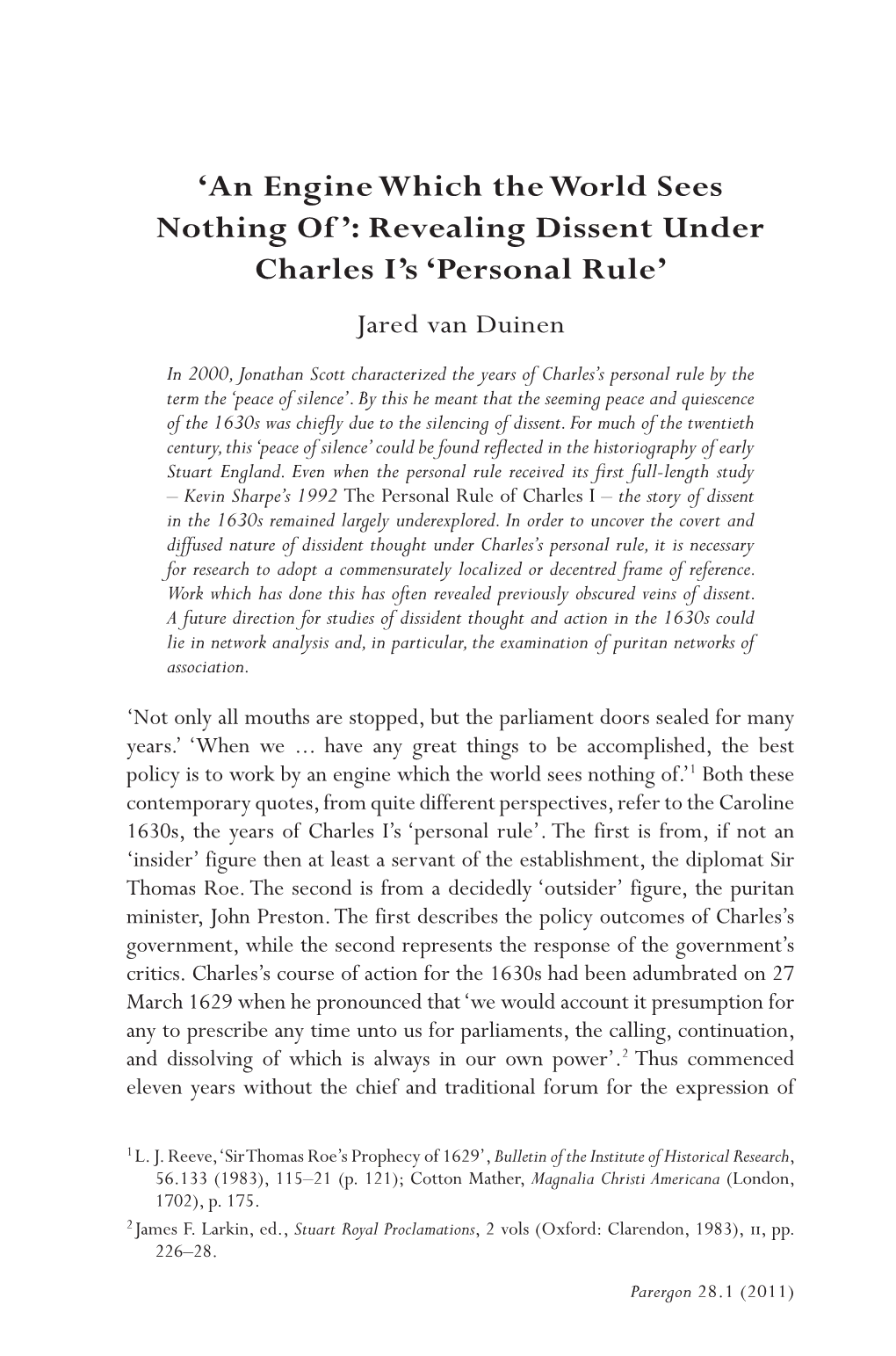 Revealing Dissent Under Charles I's 'Personal Rule'