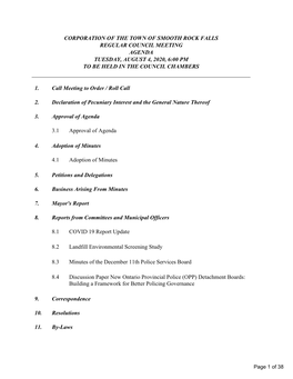 Regular Council Meeting Agenda Tuesday, August 4, 2020, 6:00 Pm to Be Held in the Council Chambers