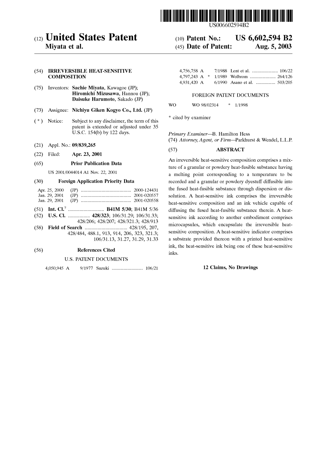 (12) United States Patent (10) Patent No.: US 6,602,594 B2 Miyata Et Al