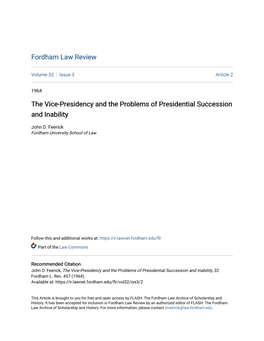 The Vice-Presidency and the Problems of Presidential Succession and Inability