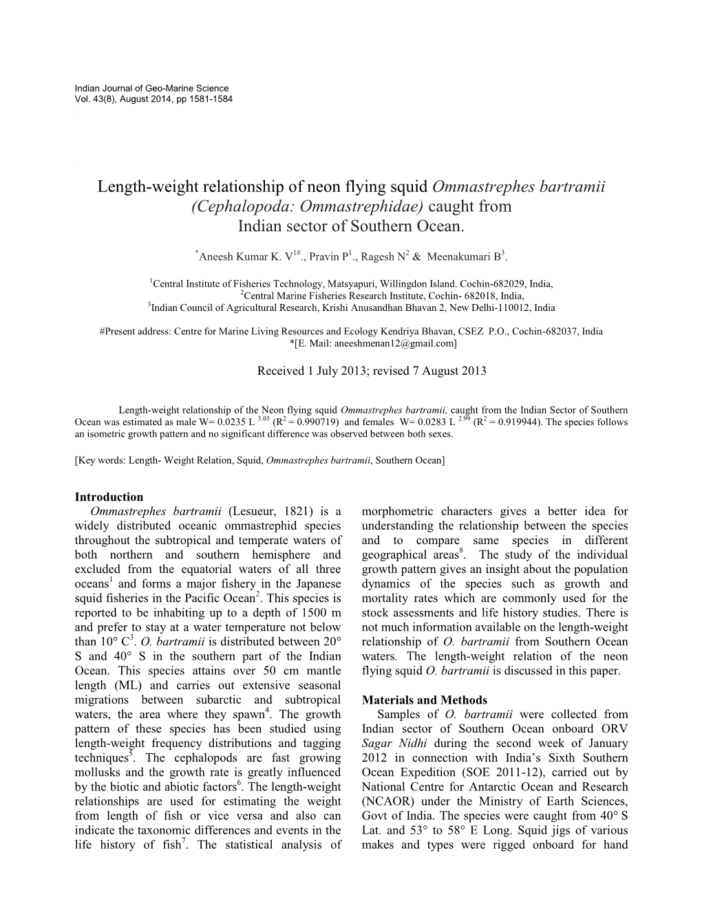 Length-Weight Relationship of Neon Flying Squid Ommastrephes Bartramii (Cephalopoda: Ommastrephidae) Caught from Indian Sector of Southern Ocean