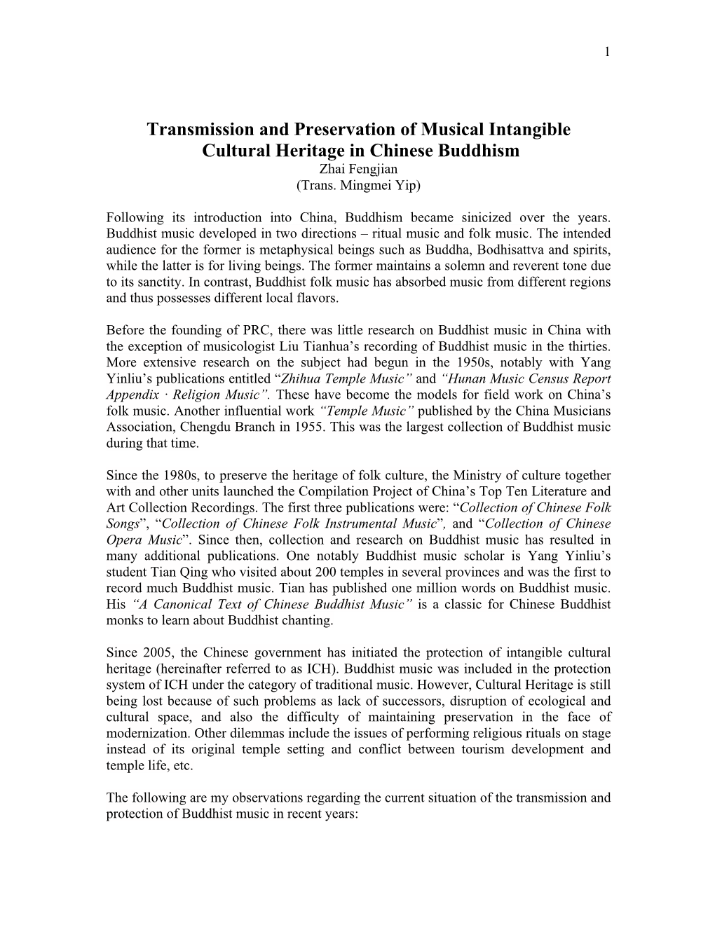 Transmission and Preservation of Musical Intangible Cultural Heritage in Chinese Buddhism Zhai Fengjian (Trans