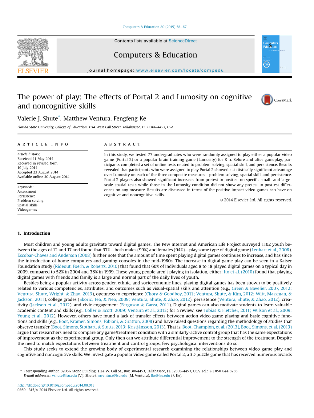 The Effects of Portal 2 and Lumosity on Cognitive and Noncognitive Skills