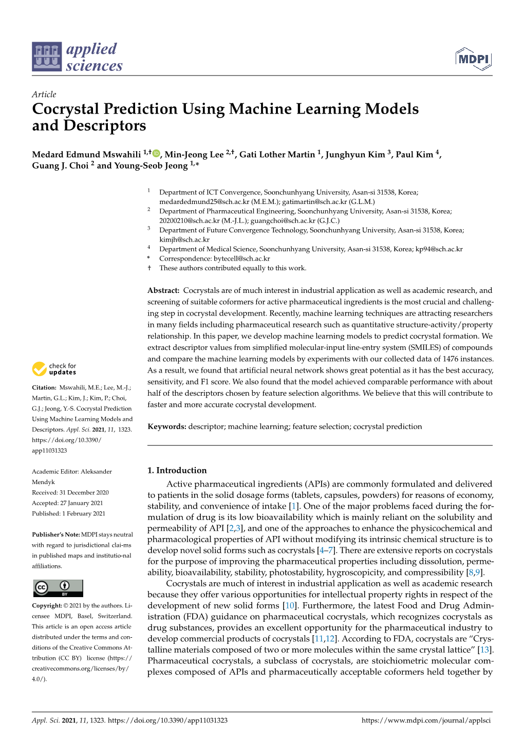 Cocrystal Prediction Using Machine Learning Models and Descriptors