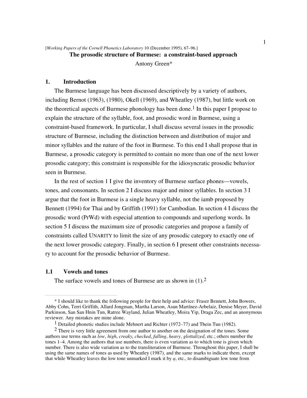 The Prosodic Structure of Burmese: a Constraint-Based Approach Antony Green*