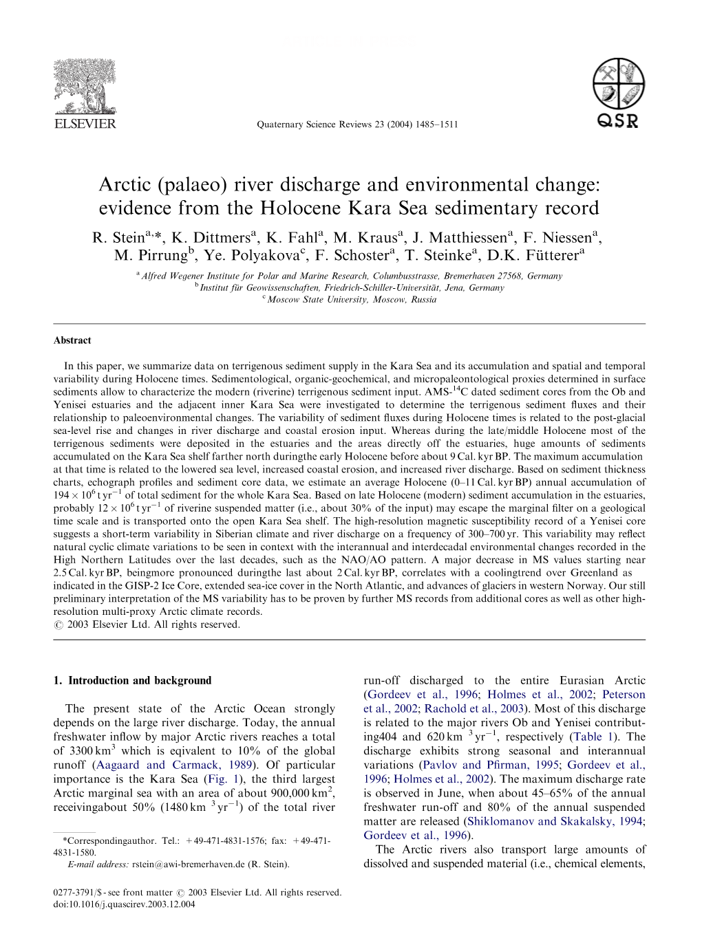 Arctic (Palaeo) River Discharge and Environmental Change: Evidence from the Holocene Kara Sea Sedimentary Record R