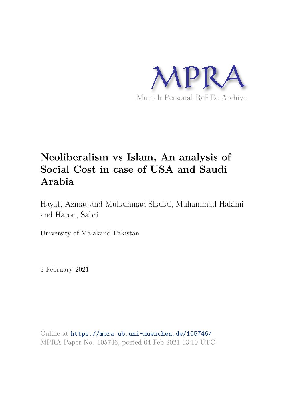 Neoliberalism Vs Islam, an Analysis of Social Cost in Case of USA and Saudi Arabia