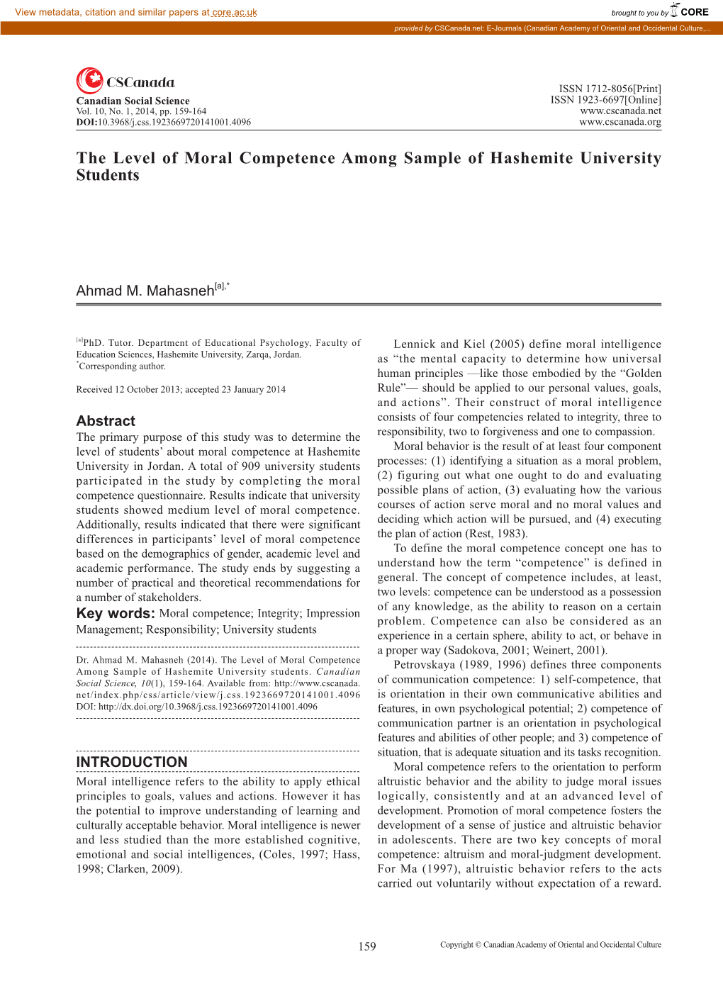 The Level of Moral Competence Among Sample of Hashemite University Students