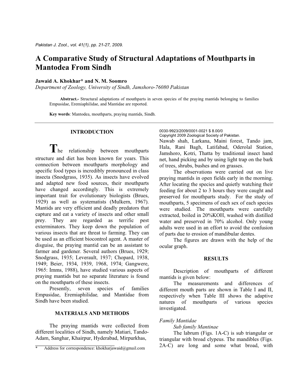 A Comparative Study of Structural Adaptations of Mouthparts in Mantodea from Sindh