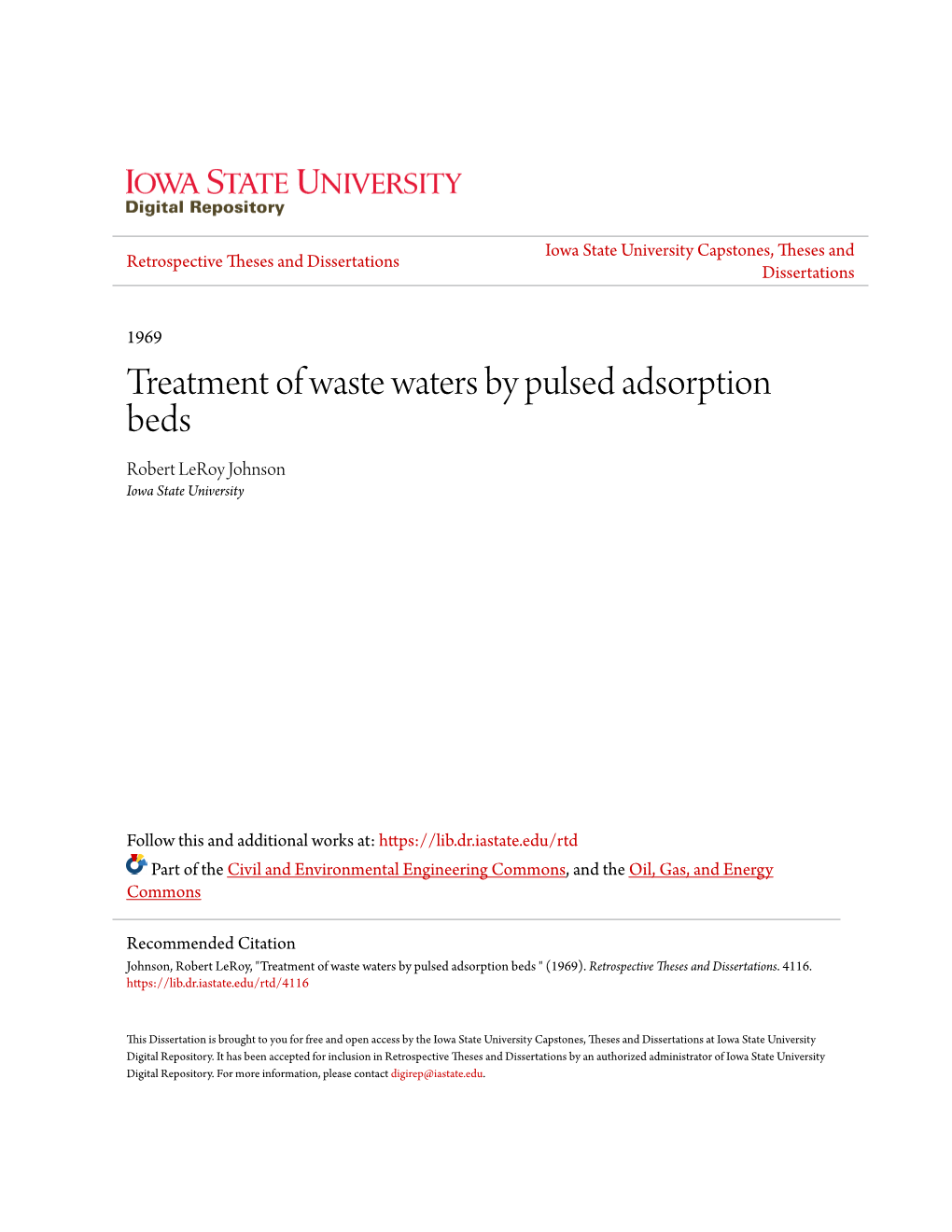 Treatment of Waste Waters by Pulsed Adsorption Beds Robert Leroy Johnson Iowa State University