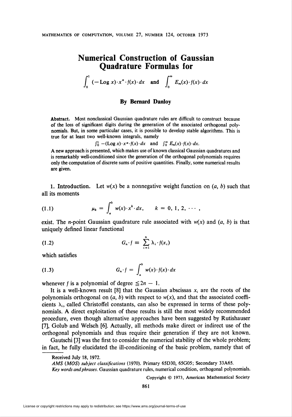 Numerical Construction of Gaussian Quadrature Formulas For