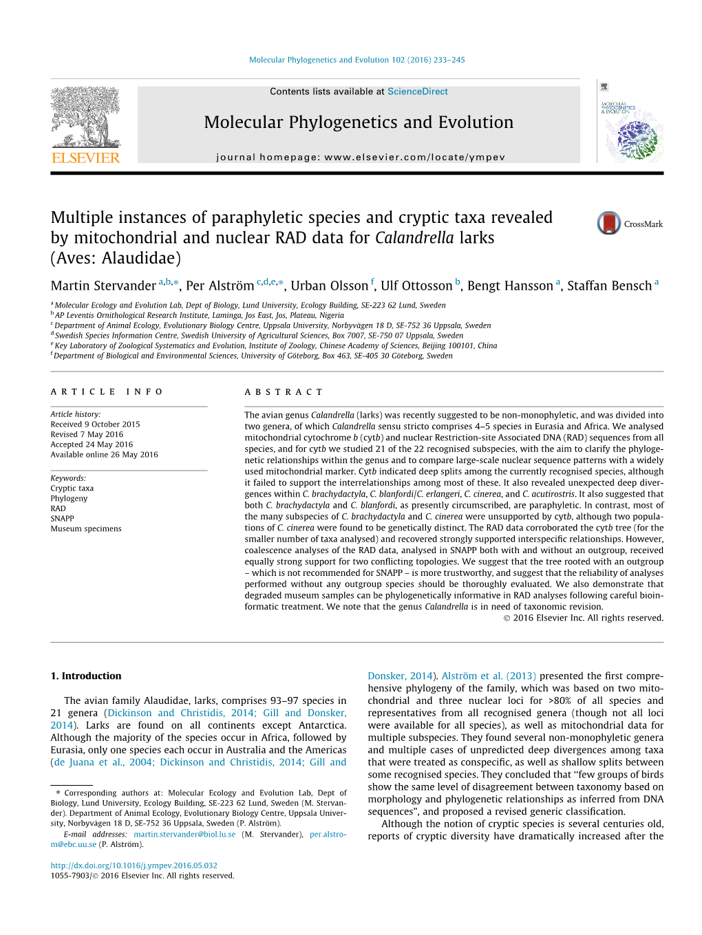 Multiple Instances of Paraphyletic Species and Cryptic Taxa Revealed by Mitochondrial and Nuclear RAD Data for Calandrella Larks