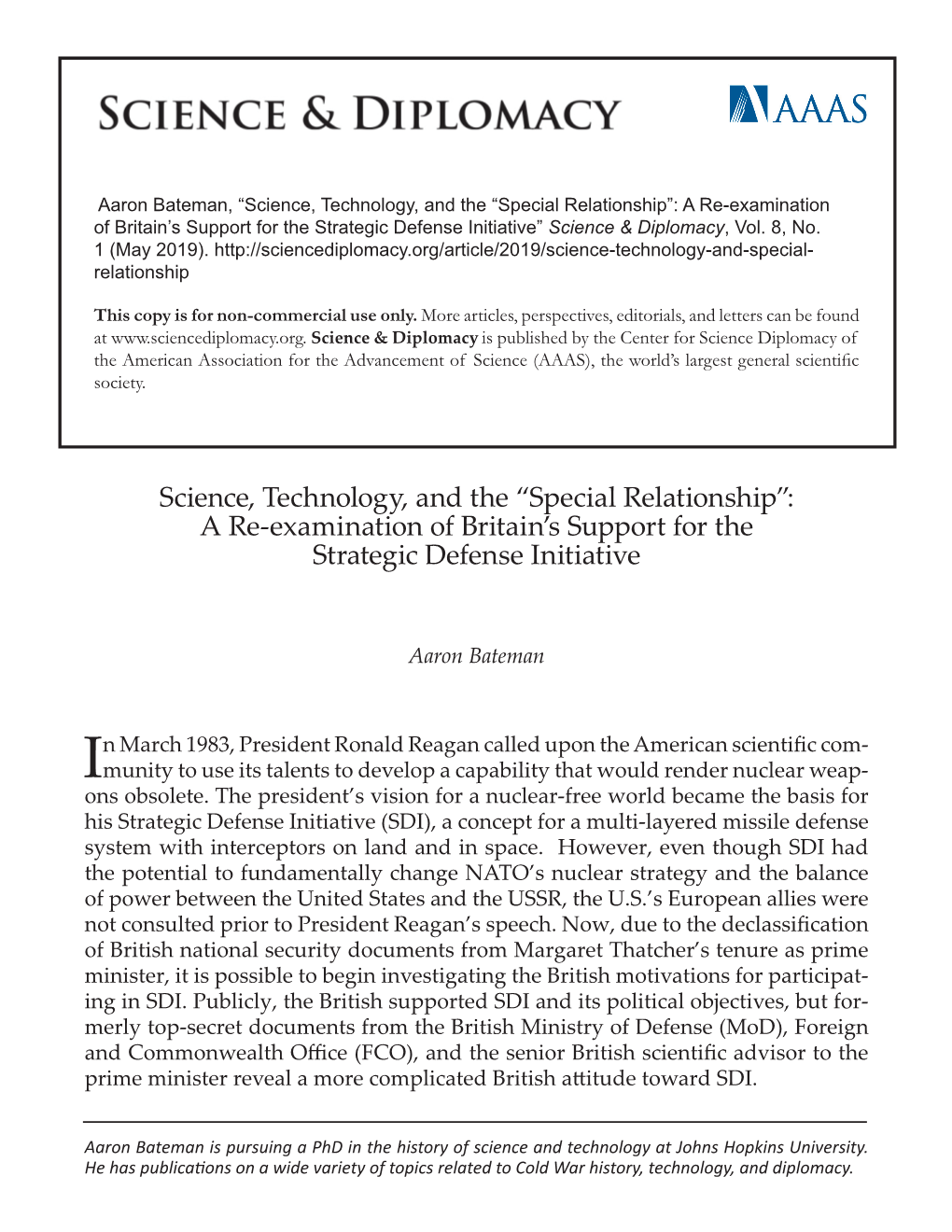 Science, Technology, and the “Special Relationship”: a Re-Examination of Britain's Support for the Strategic Defense