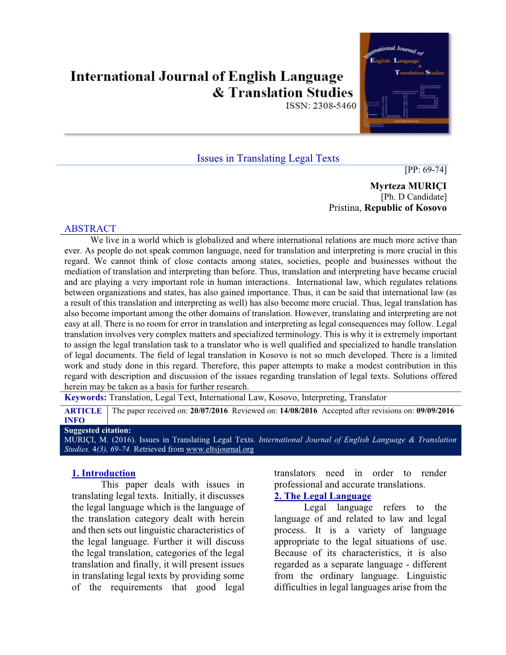 Issues in Translating Legal Texts [PP: 69-74] Myrteza MURIÇI [Ph