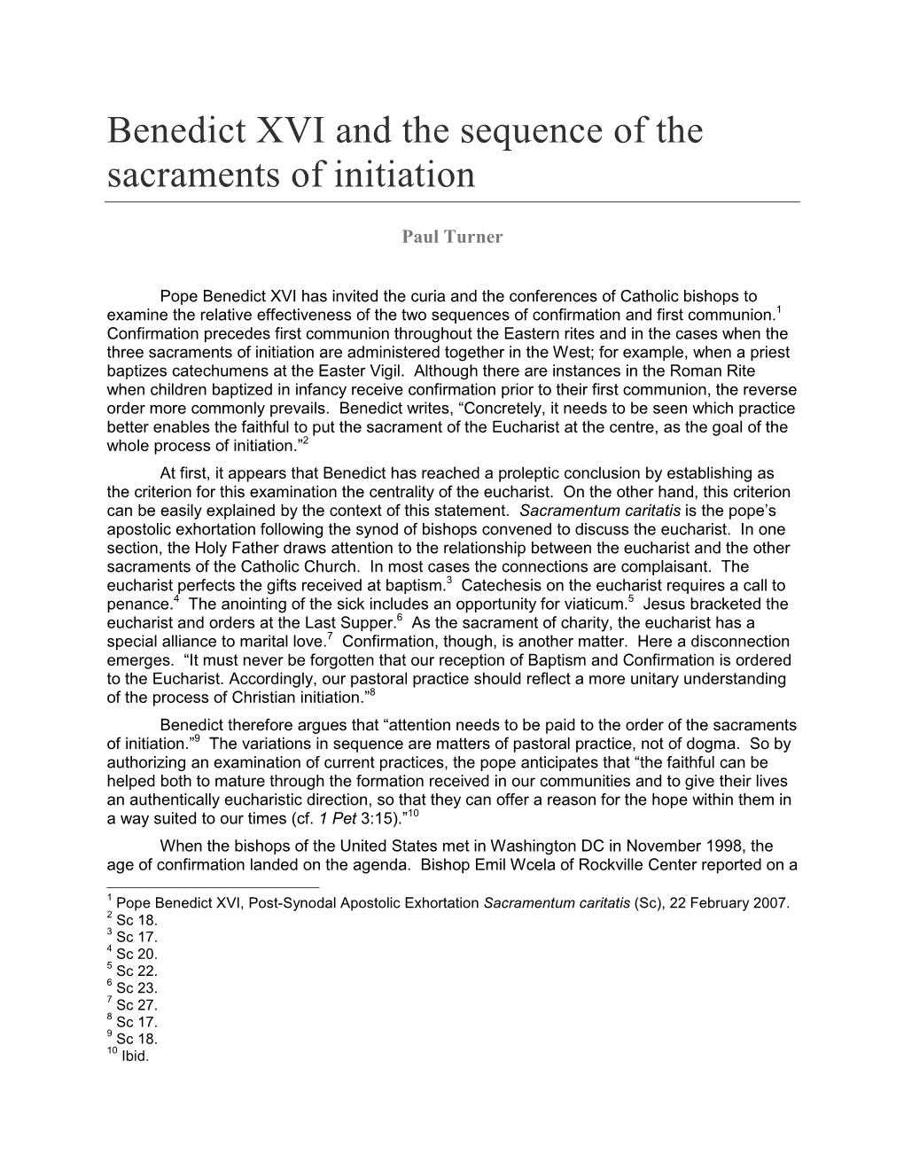 Benedict XVI and the Sequence of the Sacraments of Initiation