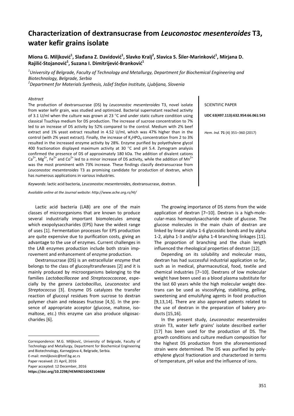 Characterization of Dextransucrase from Leuconostoc Mesenteroides T3, Water Kefir Grains Isolate