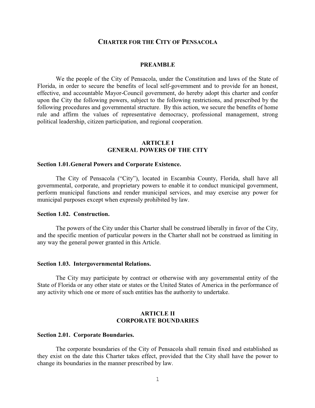 Charter for the City of Pensacola