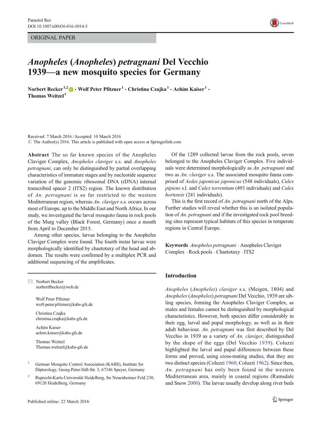 Anopheles (Anopheles) Petragnani Del Vecchio 1939—A New Mosquito Species for Germany