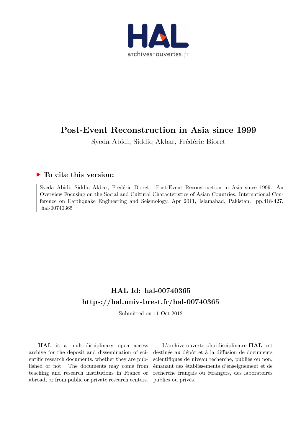 Post-Event Reconstruction in Asia Since 1999 Syeda Abidi, Siddiq Akbar, Frédéric Bioret