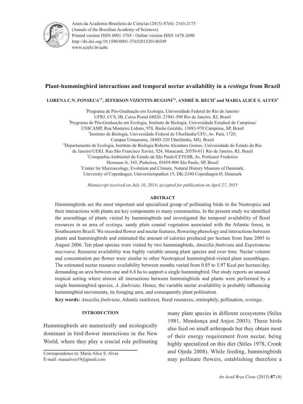 Plant-Hummingbird Interactions and Temporal Nectar Availability in a Restinga from Brazil