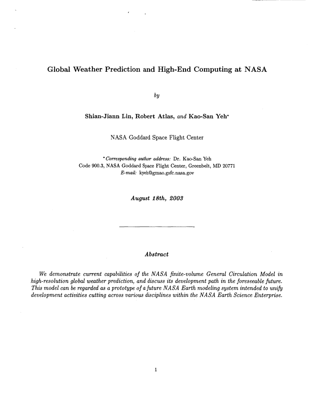 Global Weat Her Prediction and High-End Computing at NASA